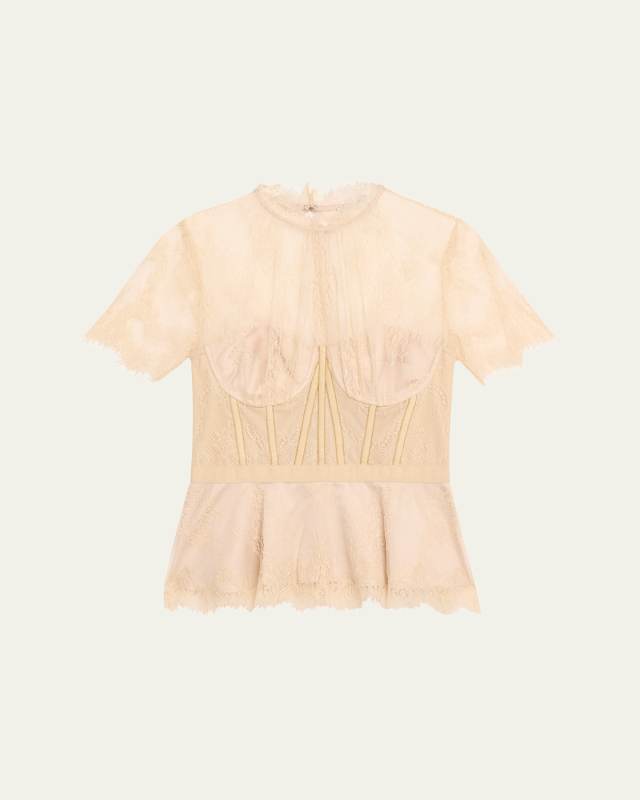Kehlani Sheer Lace Short-Sleeve Peplum Bustier Top